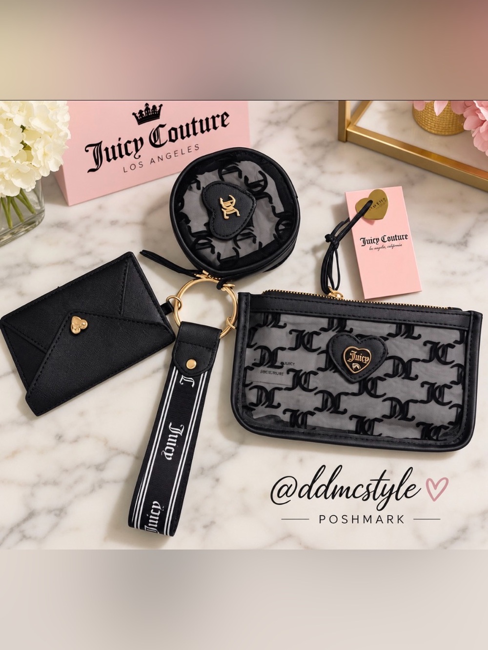 Juicy Couture NWTBlack Mesh Logo Wristlet Pouch Set
